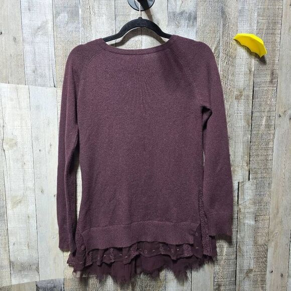 Garnet Hill 100% Cashmere Sweater Lace Ruffle Hem Fairy Romantic Mauve - Picture 3 of 5